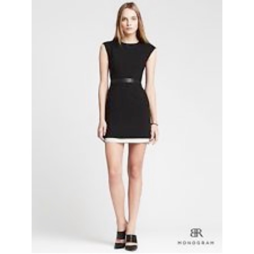 Banana Republic Black Sleeveless Mini Dress Faux Leather Trim & White Hem SZ:10